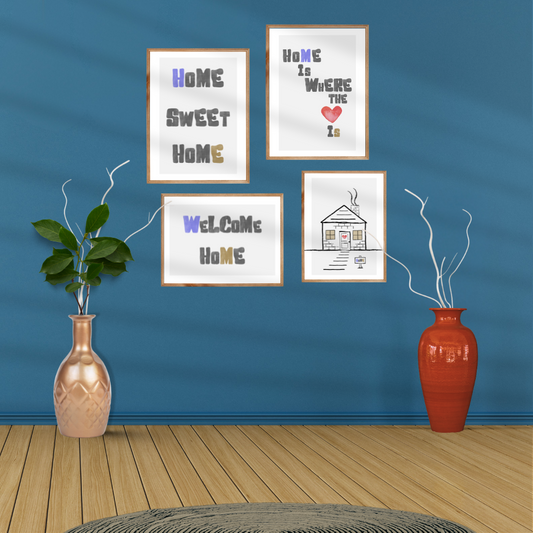 A set of four framed digital wall art prints including 'Home Sweet Home' displayed in a room setting, accompanied by decorative vases and a plant.