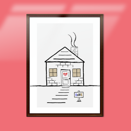 Framed illustration of a house with a heart on the door against a pink background.