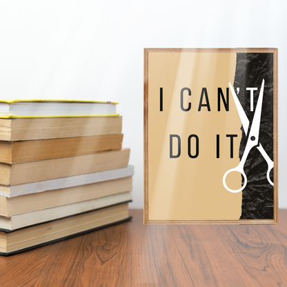 I Can Do It artwork on wooden console table with stacked books in a reading nook.