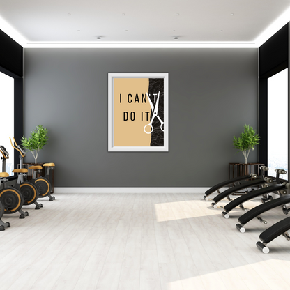 Motivational “Cut the Can’t” print on dark wall in modern gym with stationary bikes.