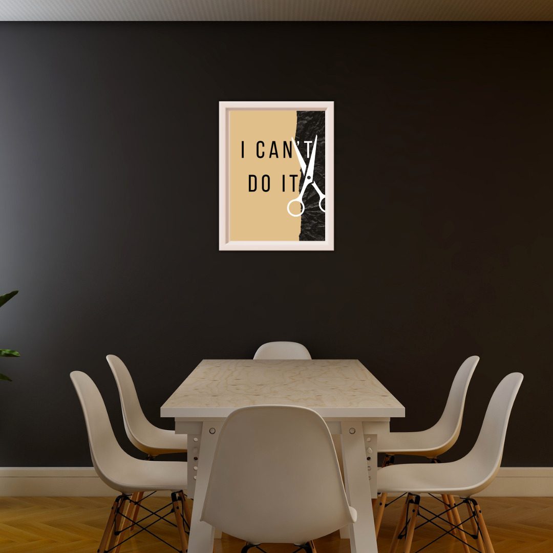 Office workspace with framed motivational print behind a table with six chairs.