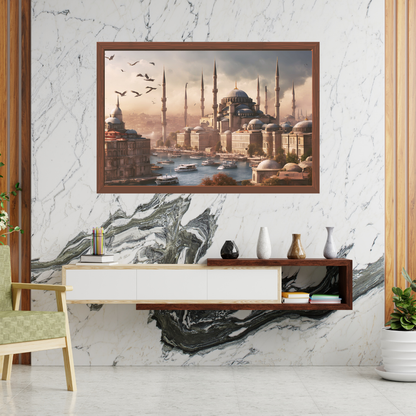 Home office nook showing Istanbul dawn artwork above a wooden floating shelf with ceramic vases.
