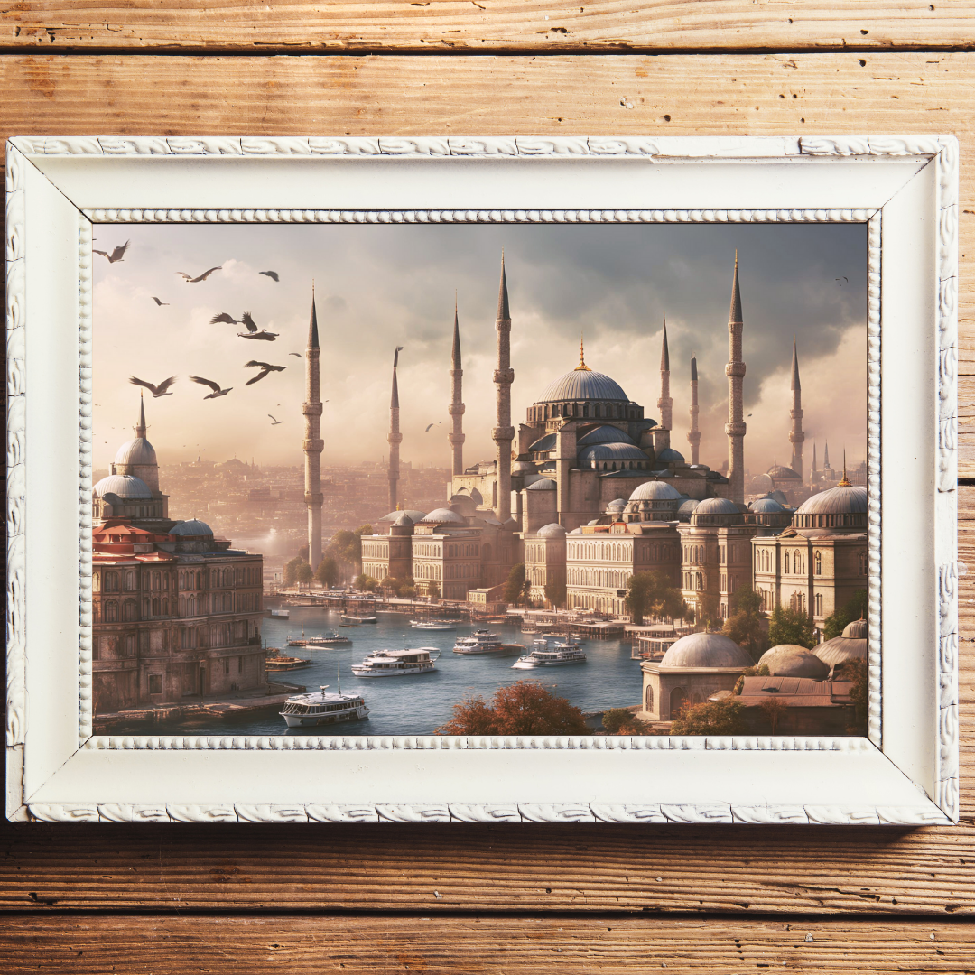 close-up featuring Istanbul skyline canvas in a vintage white frame mounted against a wooden backdrop. 