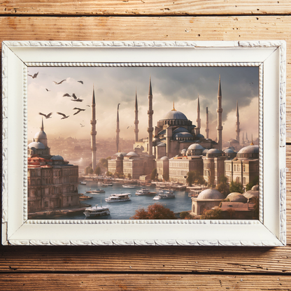 close-up featuring Istanbul skyline canvas in a vintage white frame mounted against a wooden backdrop. 