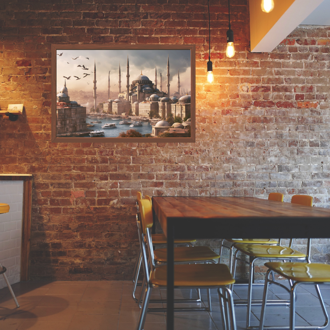 Blue Mosque sunrise wall art displayed on an exposed‑brick wall in a casual eatery with wooden tables and bright yellow chairs.