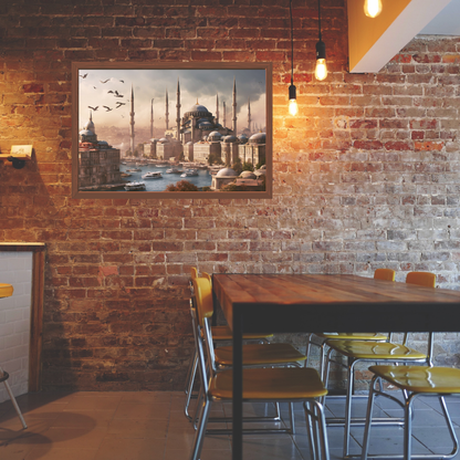 Blue Mosque sunrise wall art displayed on an exposed‑brick wall in a casual eatery with wooden tables and bright yellow chairs.