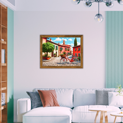 Living room vignette in Tuscan colors showing a vibrant village canvas over a white sofa with terracotta and checkered cushions.