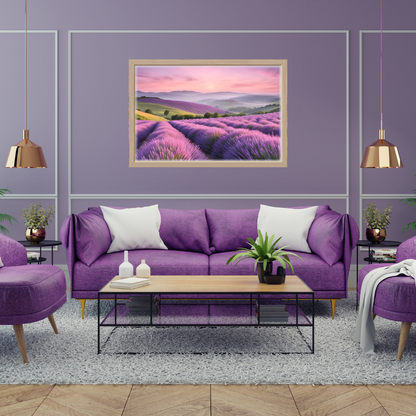 Framed lavender‑field print above a purple sofa with cream pillows in a modern living room with gold decor.