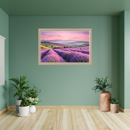Gallery‑wall scene featuring lavender print against a sage screen wall with potted plant decor.
