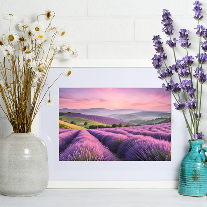 Lavender Bliss art styled on a mantel with dried‑lavender bundles in a rustic vase.