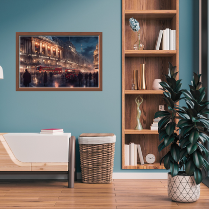 Office corner featuring Red Routes of London print above a wooden desk next to an in-built bookshelf.