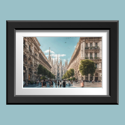 Close-up of the Milan cathedral print in frame, showcasing marble architectural details and lively piazza scene.