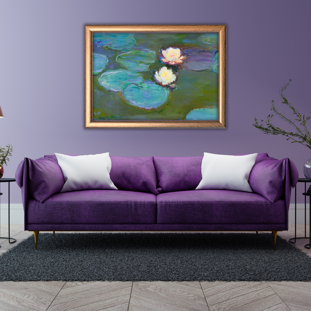 Claude Monet Nymphéas painting with soft water lilies and rippling pond framed above a sofa in setting of violet tones.