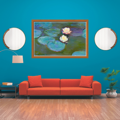 Detail view of digitally enhanced color depth and texture in Monet’s tranquil pond framed above a sofa in a living room with bright and modern decor.