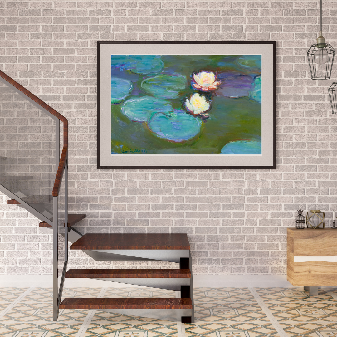 Framed Nymphéas print adding timeless elegance showcased by a staircase.