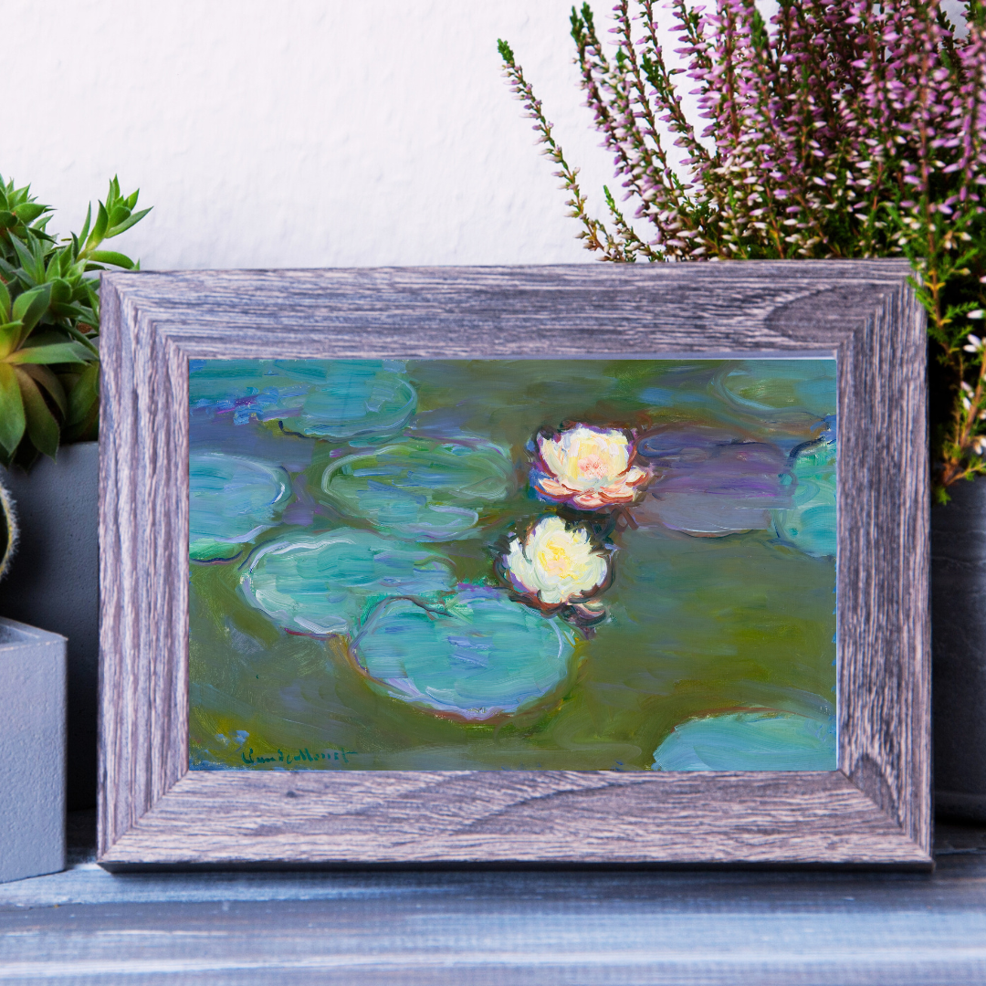 Printable vintage Monet artwork displayed on a wooden shelf beside plants and ceramics.
