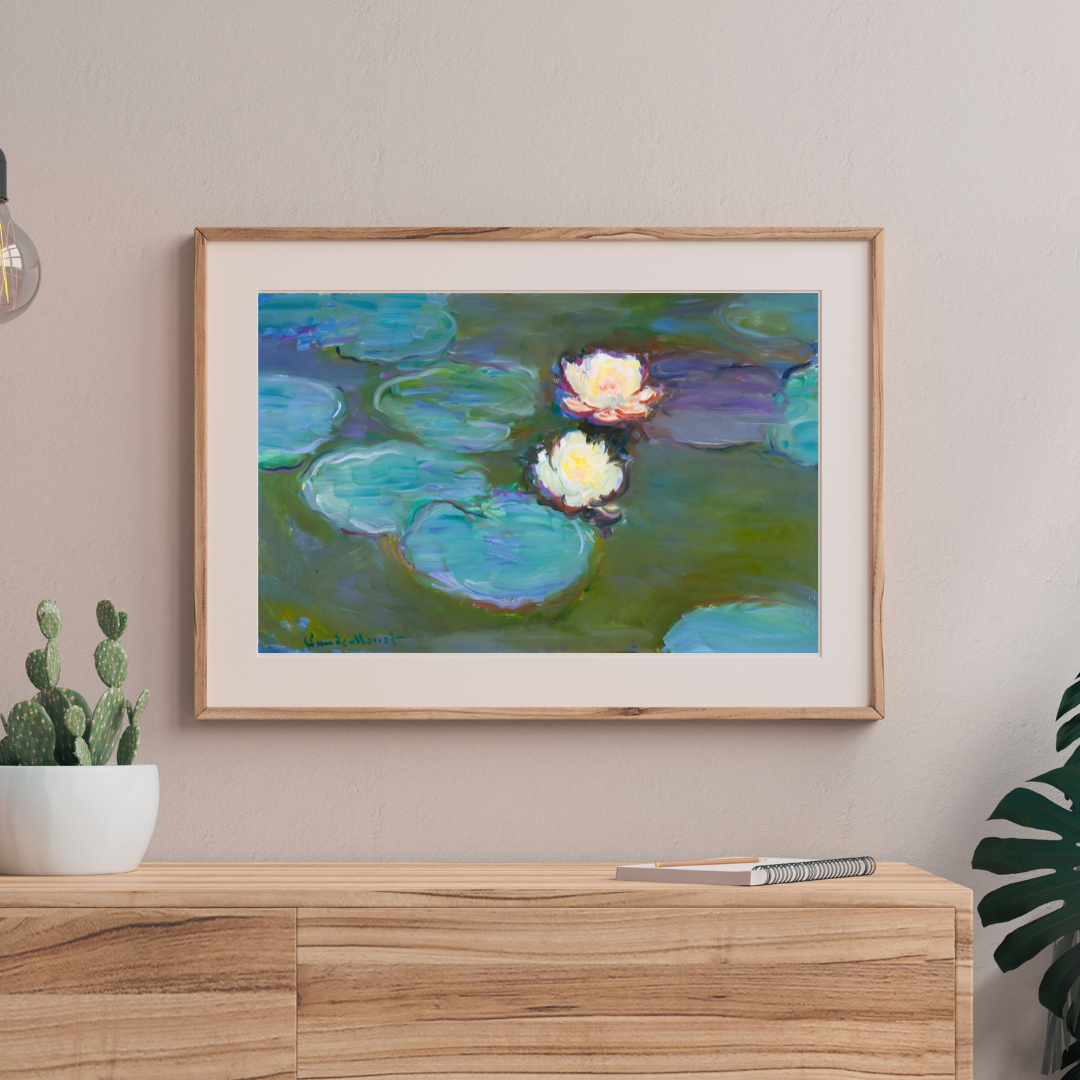 Printable vintage Monet artwork displayed above a wooden shelf beside ceramics.