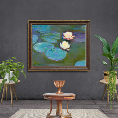 Impressionist wall art of Monet’s lily pond in rich blues and greens styled in a rustic home area.