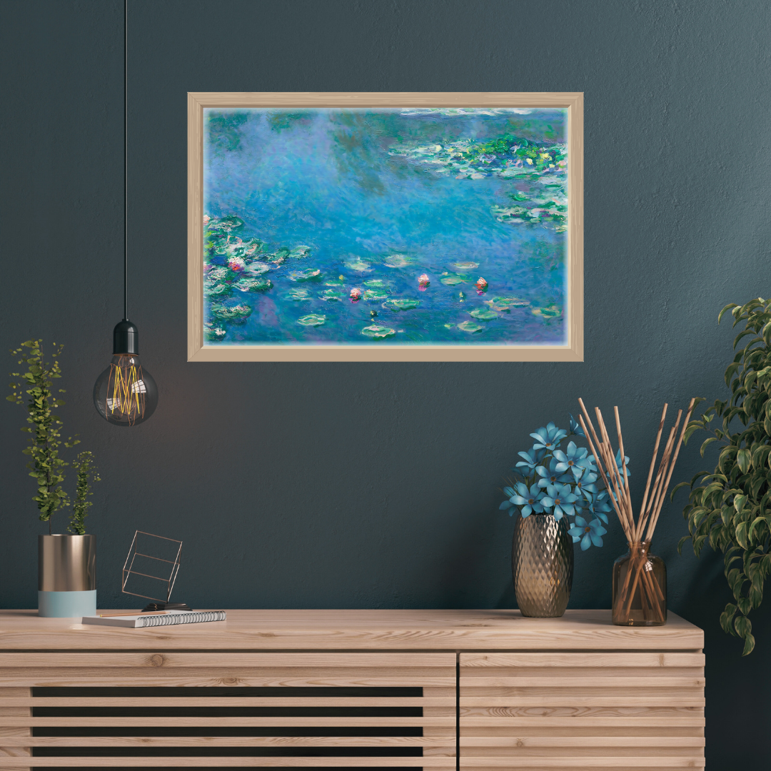 Vintage Water Lilies print displayed above a wooden shelf with gold and plant decor.
