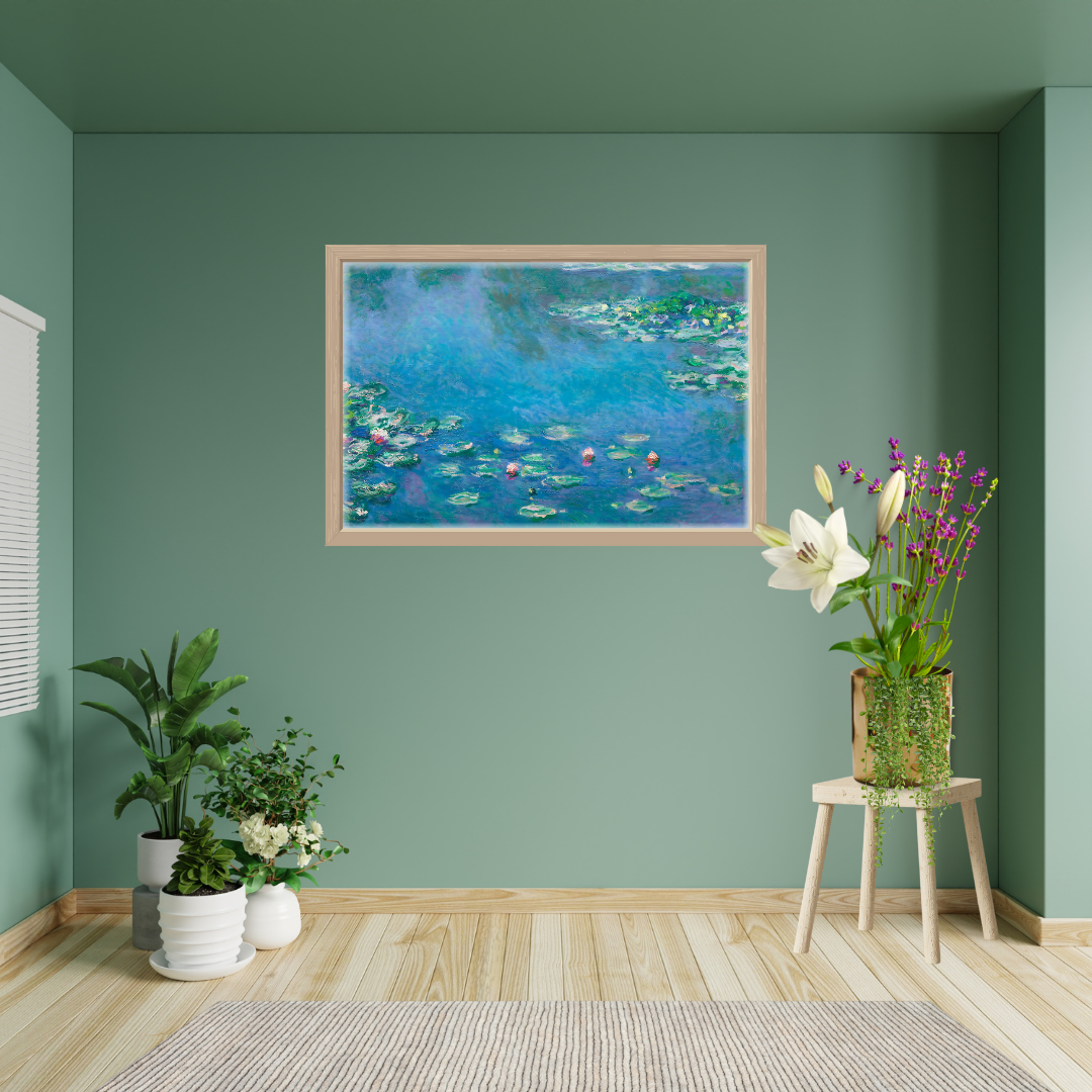 Gallery wall featuring Monet's Water Lilies Impressionist landscape print against a sage green backdrop.