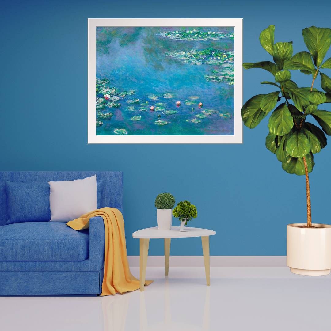 Claude Monet Water Lilies impressionist painting with vibrant pond colors framed above a sofa in a room of blue and white tones.