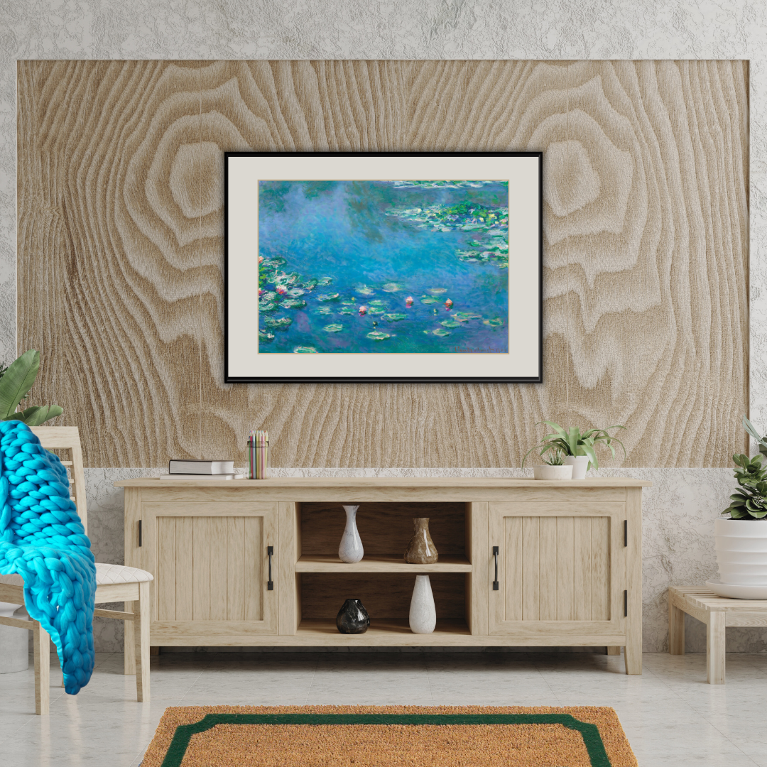 Framed Monet artwork adding timeless elegance in a classic wooden interior decor setting.