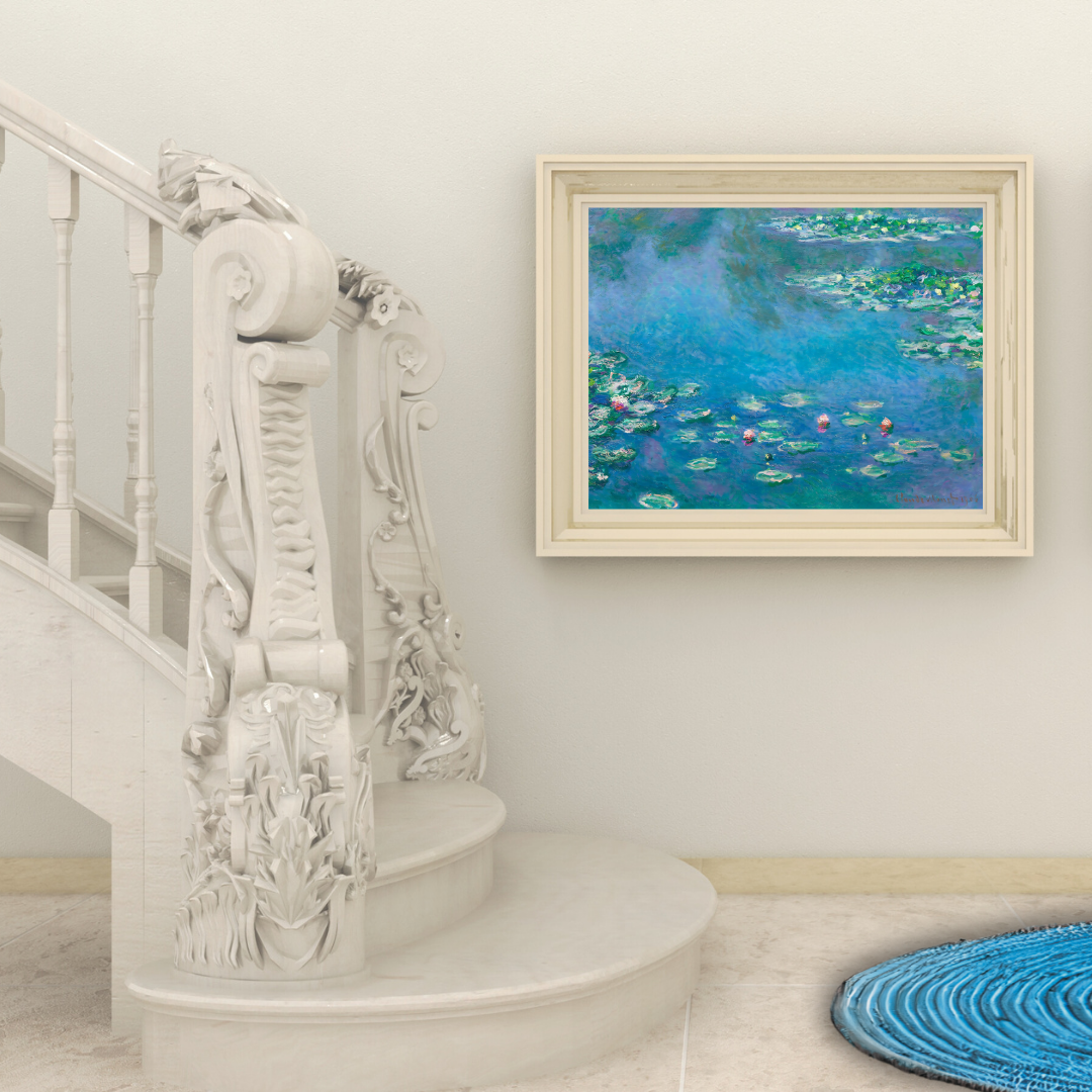 Close-up of Monet’s brushstrokes highlighting pink lilies and shimmering light on water in a neutral setting by a staircase.