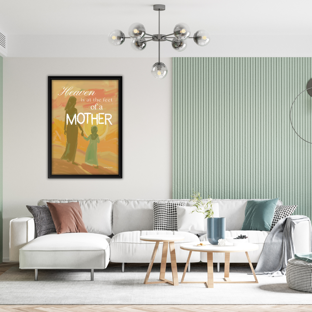 Living room with a white sofa, decorative pillows, and a wall poster.