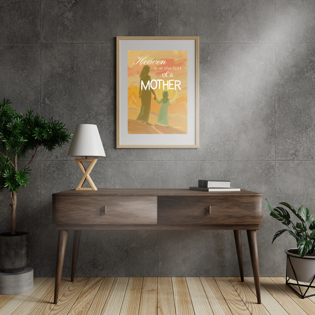 Wooden console table with decorative items against a gray wall with a framed poster.