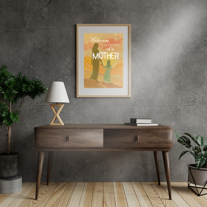 Wooden console table with decorative items against a gray wall with a framed poster.