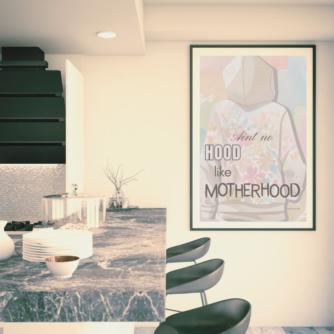 Printable mom quote hanging in a bright kitchen above a modern breakfast table.