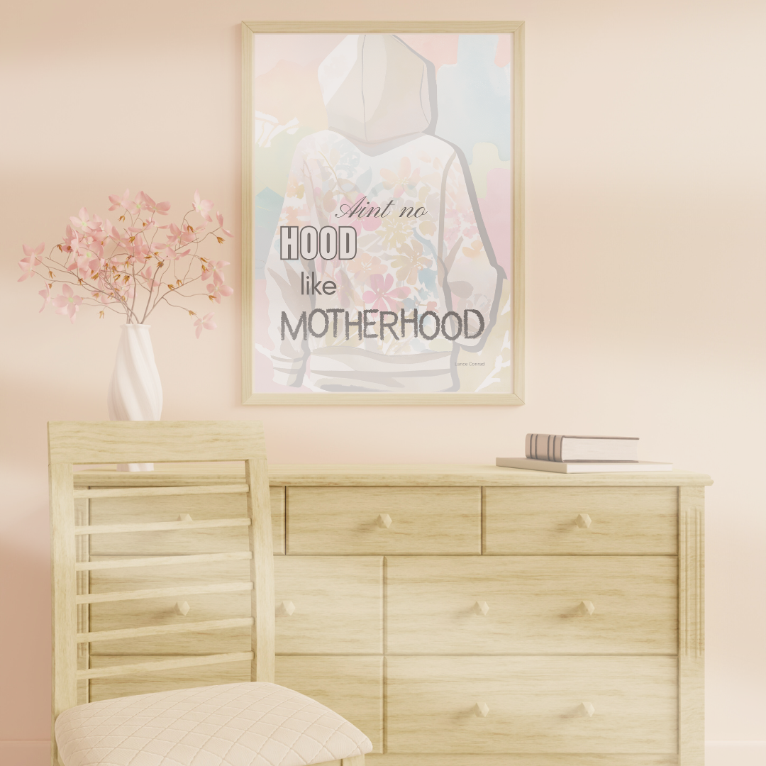 Inspirational mom quote artwork on modern console with stack of books and a flower vase.