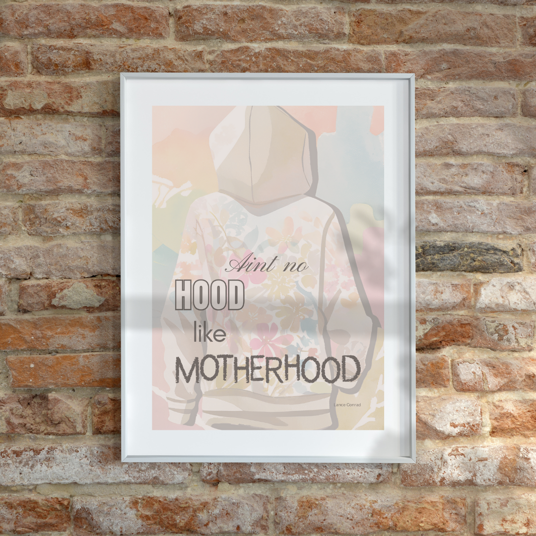 Close‑up of framed floral silhouette quote on a brick wall under natural light.