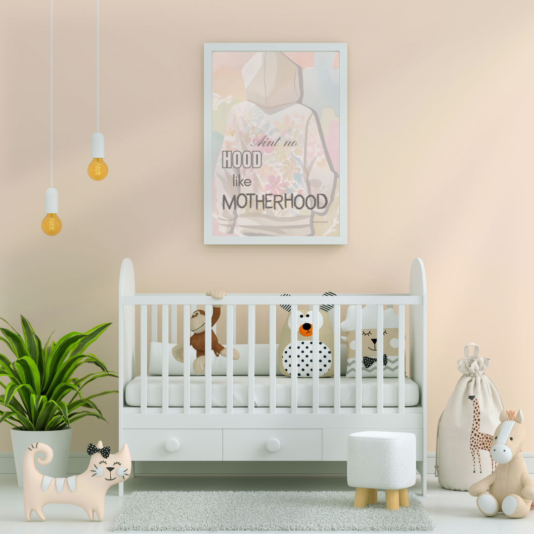 Motherhood wall art above crib in soft pastel baby bedroom with plush toys.