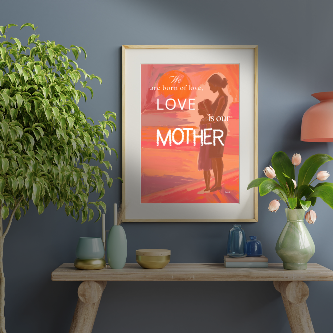 Framed artwork of a mother and child silhouette with above a natural wood table against a dark wall.
