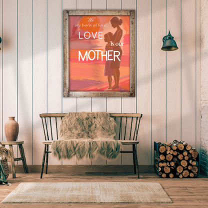 Framed poster of mother and child silhouette with text above a wooden bench and decorative items.