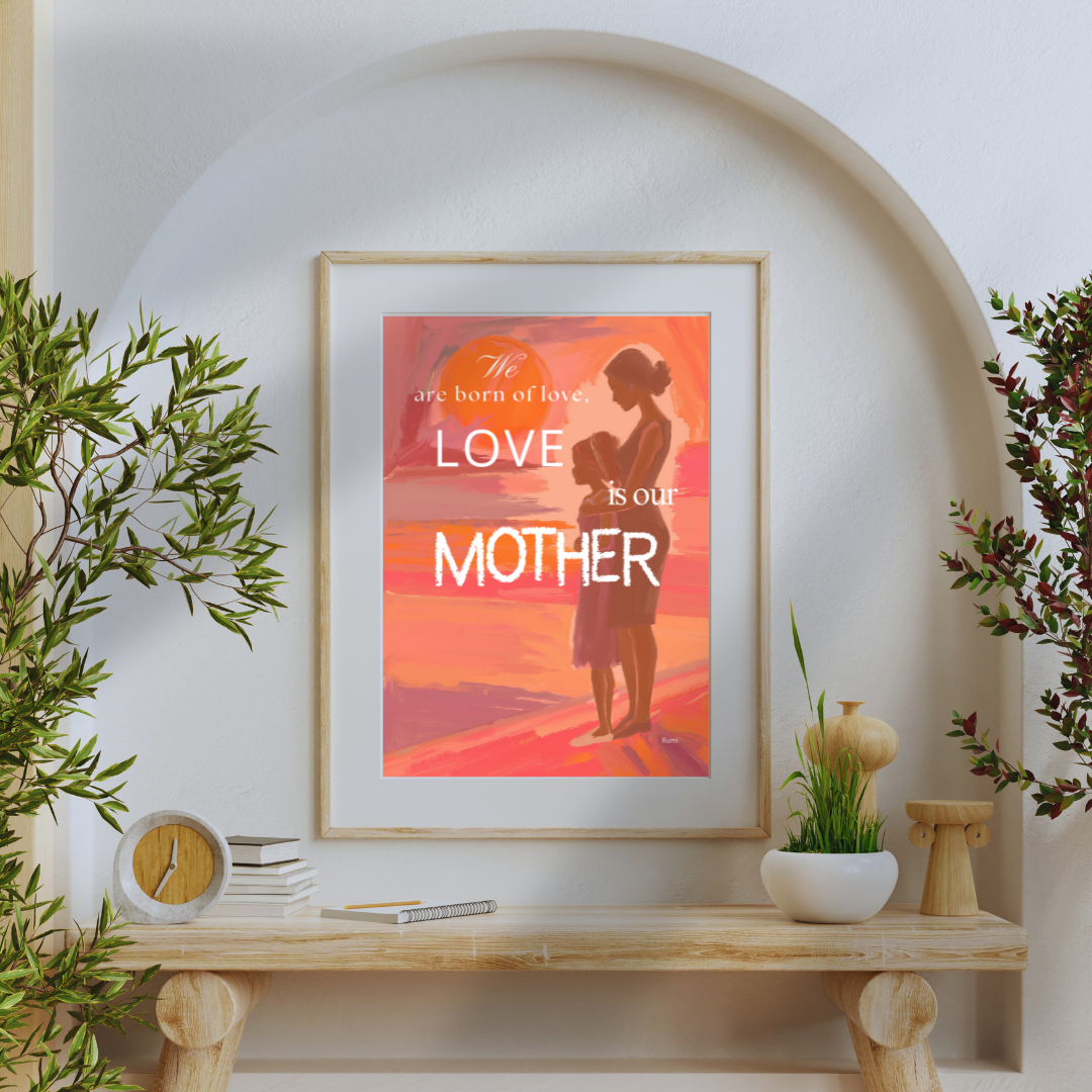 Framed artwork with a mother and daughter inspirational quote in an embedded arch with neutral decor and potted plants.