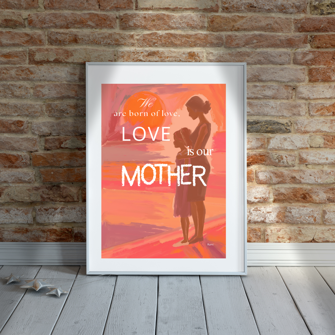 Framed artwork with mother and child illustration against a brick wall.