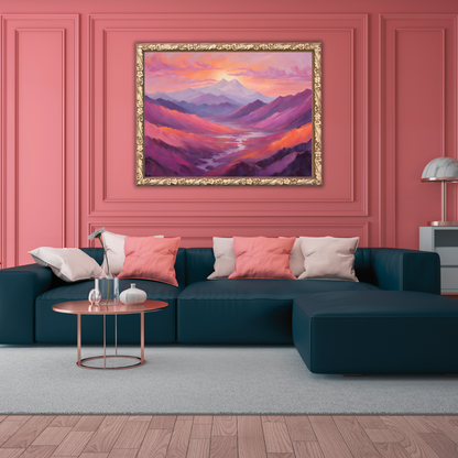 Framed purple‑orange mountain sunrise print above teal sofa against rose‑pink paneled wall.