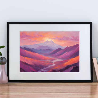 Close‑up of Dawn’s Embrace art in black frame on a wooden shelf.