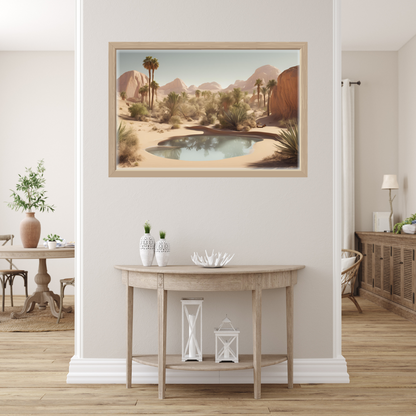 Framed desert oasis print above a light‑wood console with white vases and coral décor.