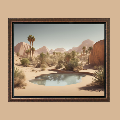 Close‑up of oasis landscape art against a sandy hue backdrop.