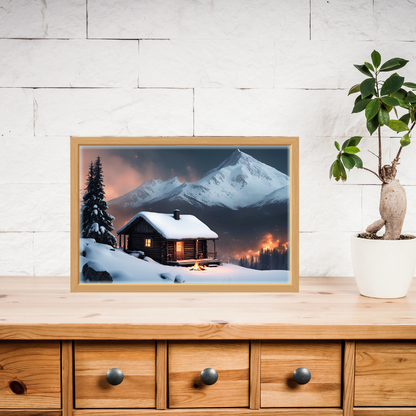 Close‑up of winter cabin art in natural wood frame on a wooden shelf with a potted plant.