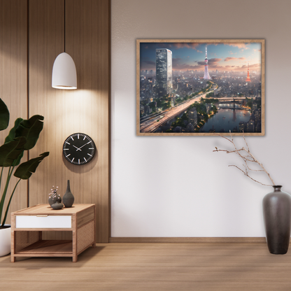 Entrance showing the Tokyo Tower sunset print above a wooden side table and a large floor vase.