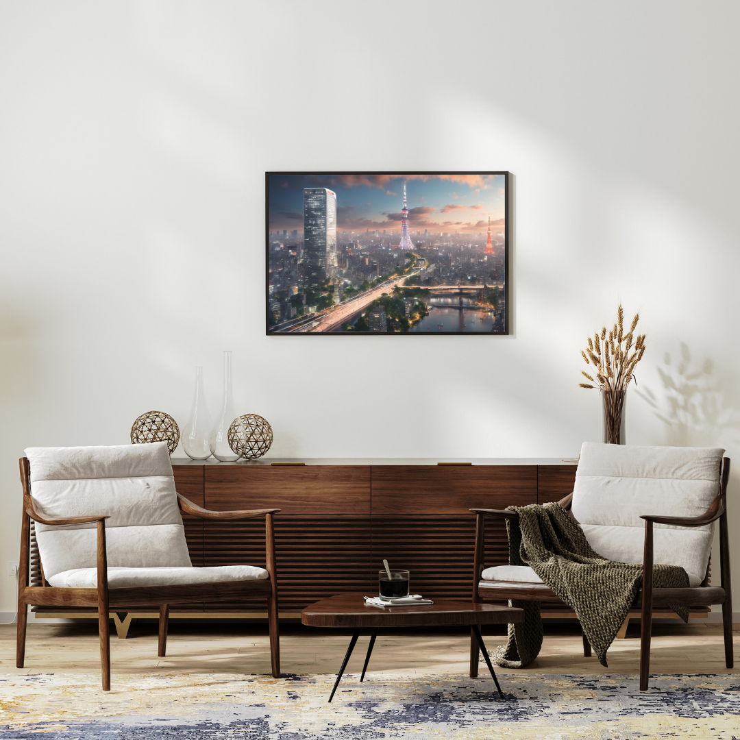 Framed Tokyo Tower sunset print on a light wall above a dark wooden console in a soft-lit sun lounge.