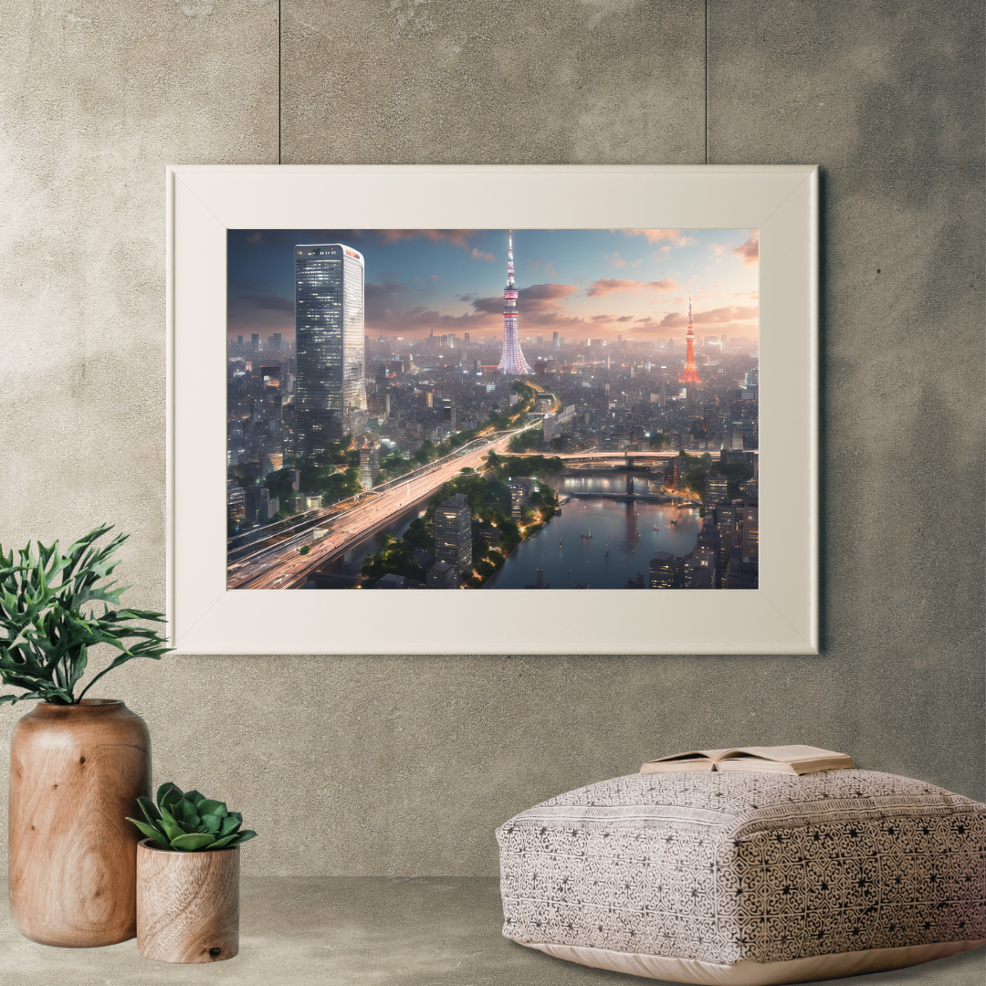 Cozy reading nook with soft lighting, featuring Tokyo sunset wall art above a square printed pouf and wooden potted plants.