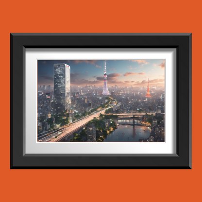 Close-up of Tokyo Tower print highlighting soft orange clouds and detailed skyline glow.