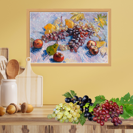 Printable vintage van Gogh still life displayed in a kitchen setting with a yellow backdrop to enhance the colors.