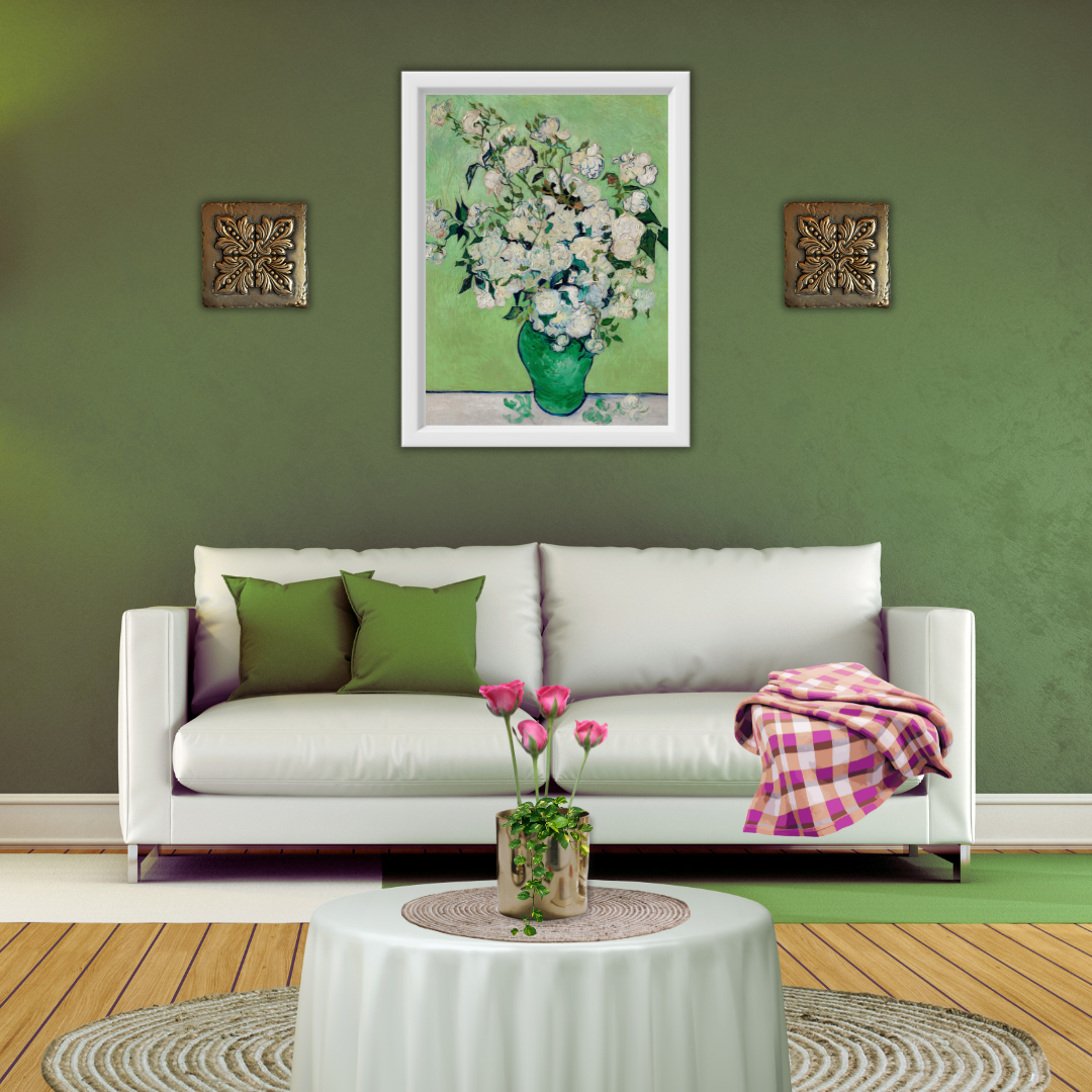 Large Van Gogh Roses canvas mock‑up hanging above a neutral sofa in an earthy setting.