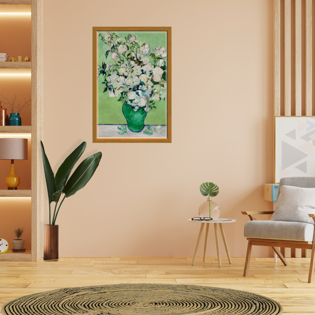 Framed Van Gogh “Roses” print in a bright modern living area with plants and wooden decor.